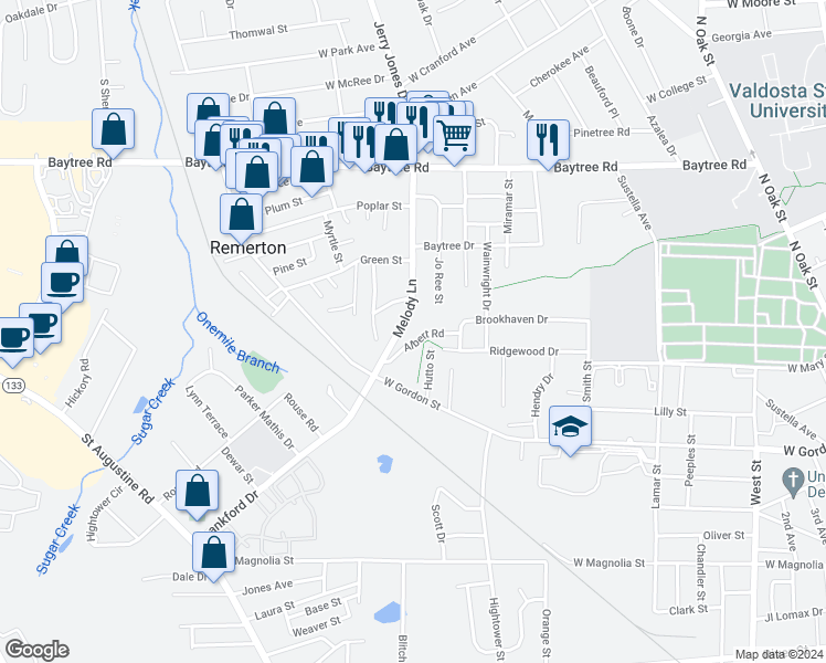 map of restaurants, bars, coffee shops, grocery stores, and more near 1108 Albert Road in Valdosta