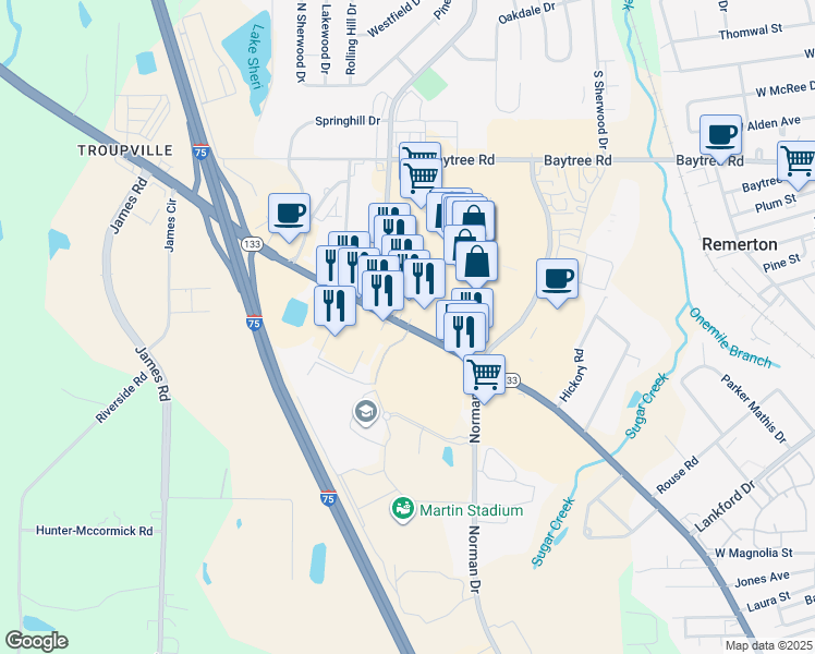 map of restaurants, bars, coffee shops, grocery stores, and more near 1112 Saint Augustine Road in Valdosta