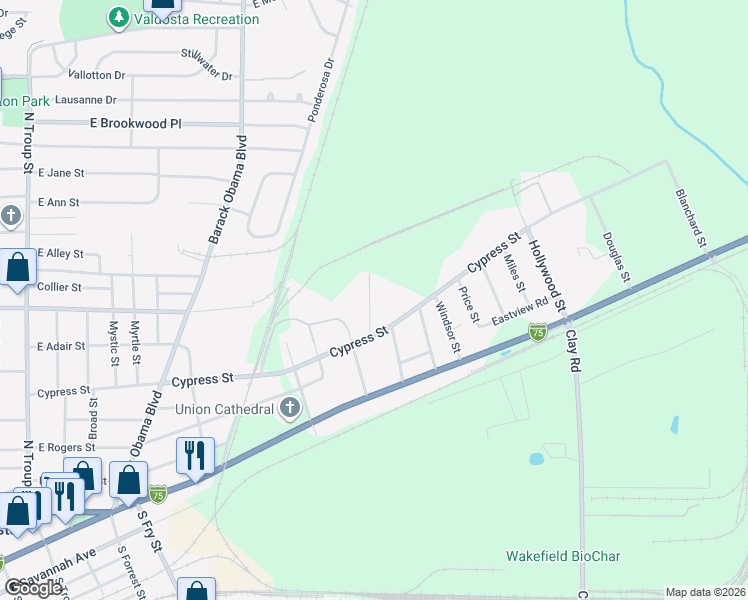 map of restaurants, bars, coffee shops, grocery stores, and more near 413 Mildred Street in Valdosta