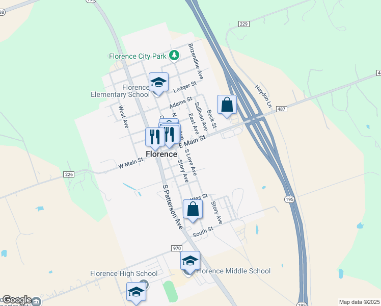 map of restaurants, bars, coffee shops, grocery stores, and more near 107 South Love Avenue in Florence