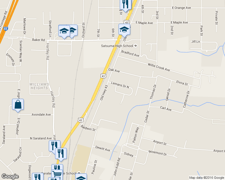 map of restaurants, bars, coffee shops, grocery stores, and more near 5283 Lemans Drive West in Satsuma