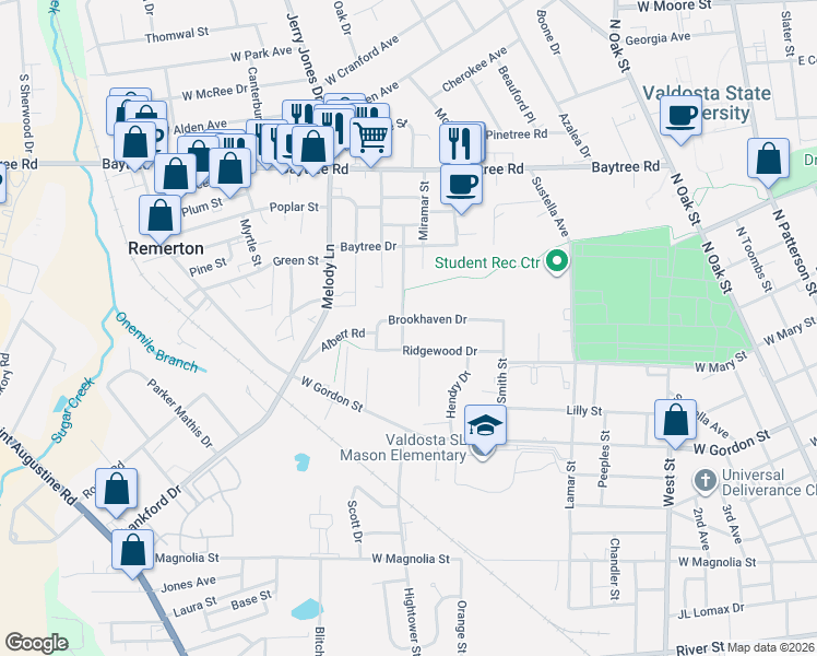 map of restaurants, bars, coffee shops, grocery stores, and more near 925 Brookhaven Drive in Valdosta