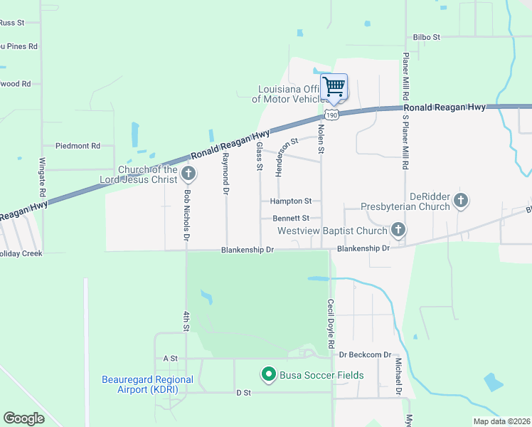 map of restaurants, bars, coffee shops, grocery stores, and more near 2032 Bennett Street in DeRidder
