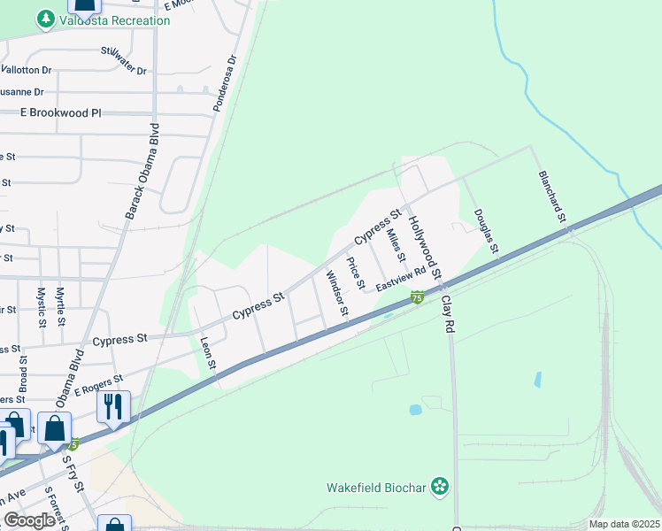 map of restaurants, bars, coffee shops, grocery stores, and more near 219 Windsor Street in Valdosta