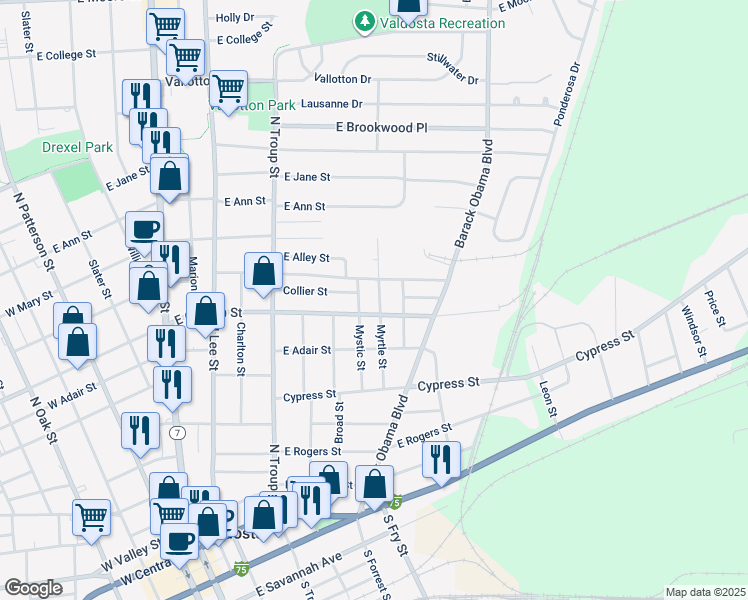 map of restaurants, bars, coffee shops, grocery stores, and more near 902 Myrtle Street in Valdosta