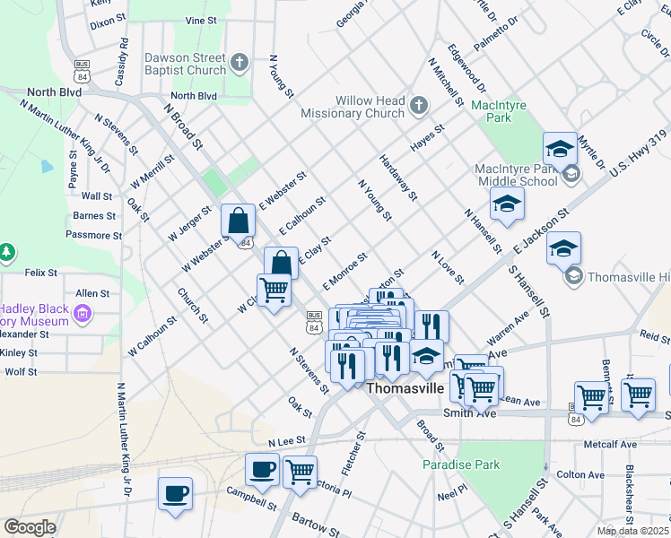 map of restaurants, bars, coffee shops, grocery stores, and more near 407 North Crawford Street in Thomasville