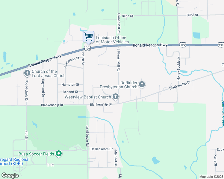 map of restaurants, bars, coffee shops, grocery stores, and more near 1807 Donna Drive in DeRidder