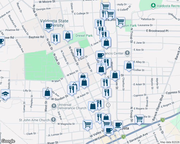 map of restaurants, bars, coffee shops, grocery stores, and more near 1002 Slater Street in Valdosta