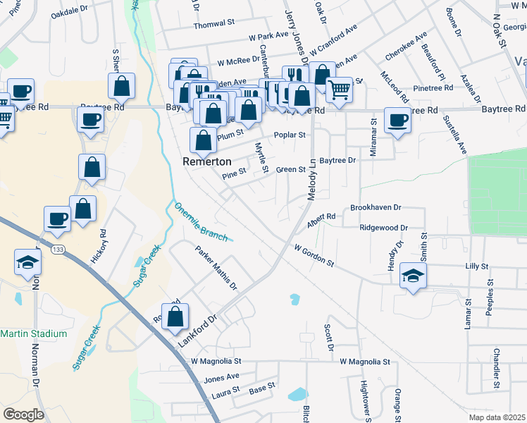 map of restaurants, bars, coffee shops, grocery stores, and more near 1726 West Gordon Street in Valdosta