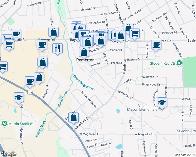 map of restaurants, bars, coffee shops, grocery stores, and more near 1741 W Gordon St in Valdosta