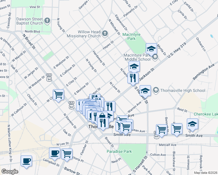 map of restaurants, bars, coffee shops, grocery stores, and more near 331 E Jefferson St in Thomasville