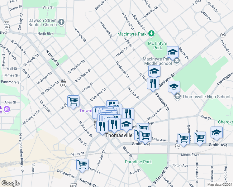 map of restaurants, bars, coffee shops, grocery stores, and more near 310 North Dawson Street in Thomasville