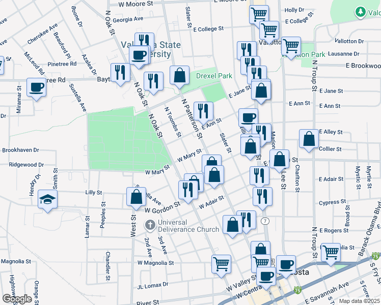 map of restaurants, bars, coffee shops, grocery stores, and more near 110 West Mary Street in Valdosta