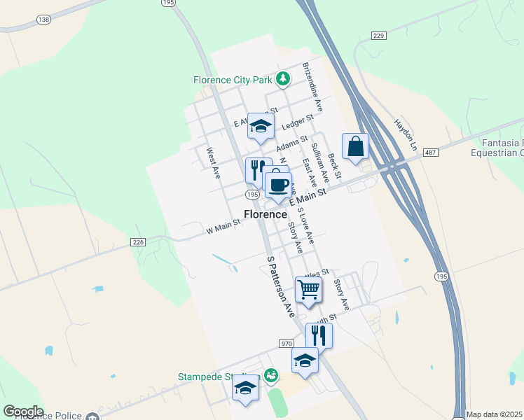 map of restaurants, bars, coffee shops, grocery stores, and more near 101 West Main Street in Florence