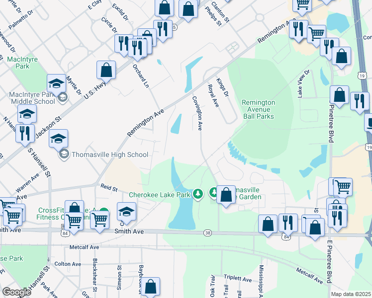 map of restaurants, bars, coffee shops, grocery stores, and more near 200 Covington Avenue in Thomasville