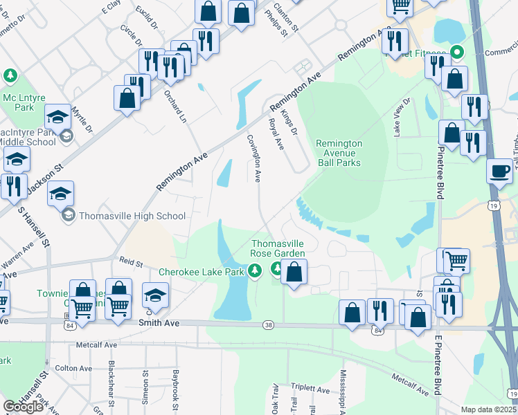 map of restaurants, bars, coffee shops, grocery stores, and more near 220 Covington Avenue in Thomasville