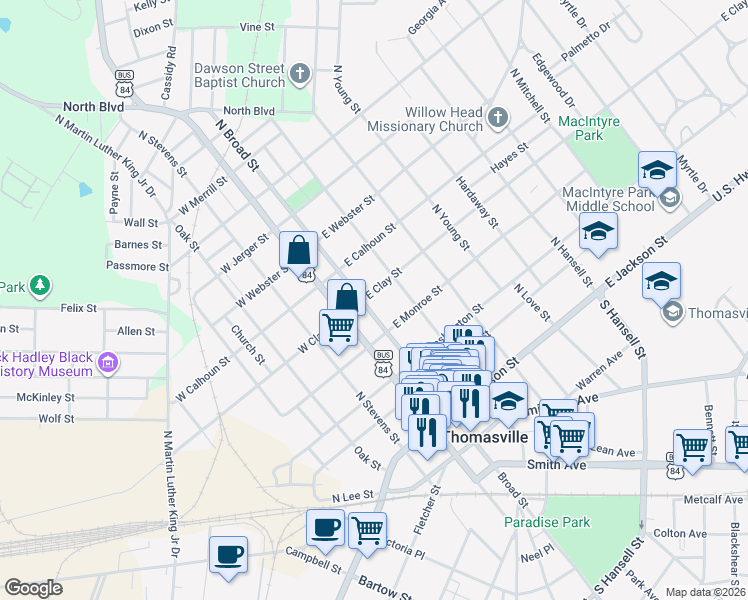 map of restaurants, bars, coffee shops, grocery stores, and more near 430 North Broad Street in Thomasville