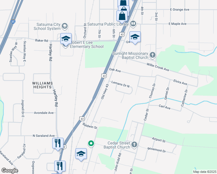 map of restaurants, bars, coffee shops, grocery stores, and more near 5288 Old Highway 43 in Satsuma