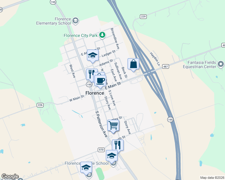 map of restaurants, bars, coffee shops, grocery stores, and more near 107 South Love Avenue in Florence