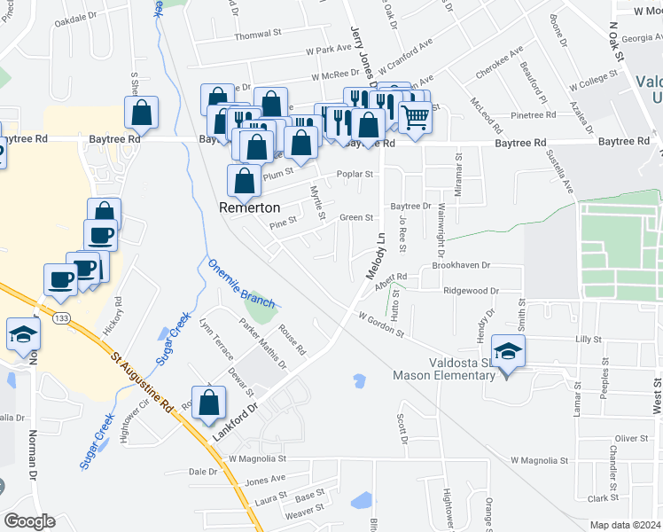 map of restaurants, bars, coffee shops, grocery stores, and more near 1507 Woodard Street in Valdosta