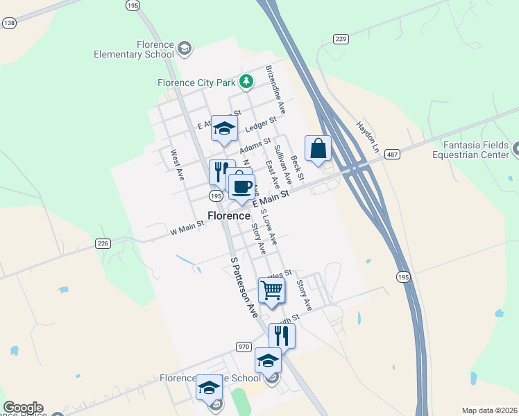 map of restaurants, bars, coffee shops, grocery stores, and more near 306 East Main Street in Florence