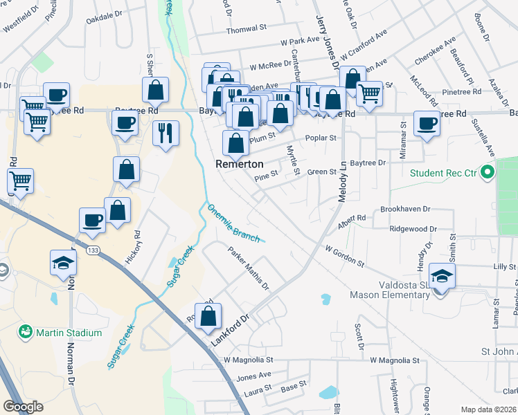 map of restaurants, bars, coffee shops, grocery stores, and more near 1741 West Gordon Street in Valdosta