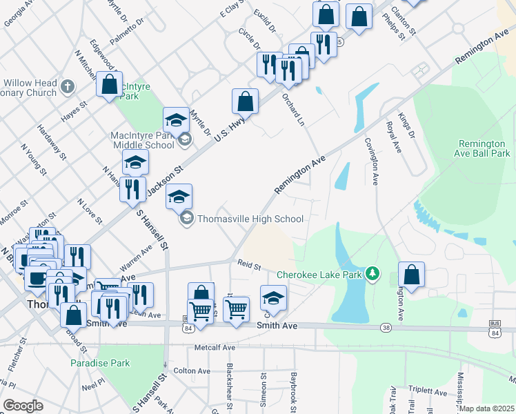 map of restaurants, bars, coffee shops, grocery stores, and more near 737 Remington Avenue in Thomasville