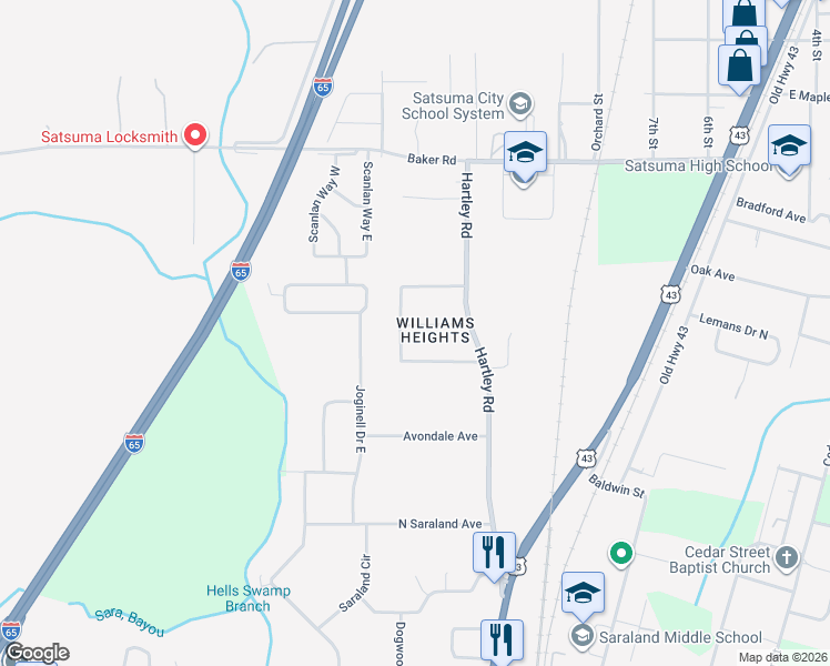 map of restaurants, bars, coffee shops, grocery stores, and more near 323 Thunderbird Drive in Satsuma