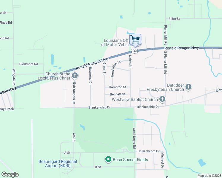 map of restaurants, bars, coffee shops, grocery stores, and more near 2032 Bennett Street in DeRidder