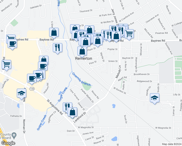 map of restaurants, bars, coffee shops, grocery stores, and more near 1825 Remer Lane in Valdosta