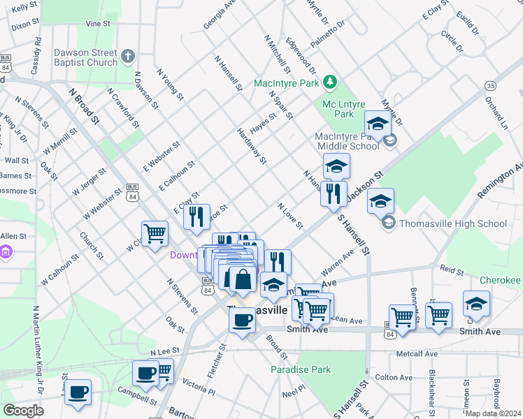 map of restaurants, bars, coffee shops, grocery stores, and more near 310 North Dawson Street in Thomasville