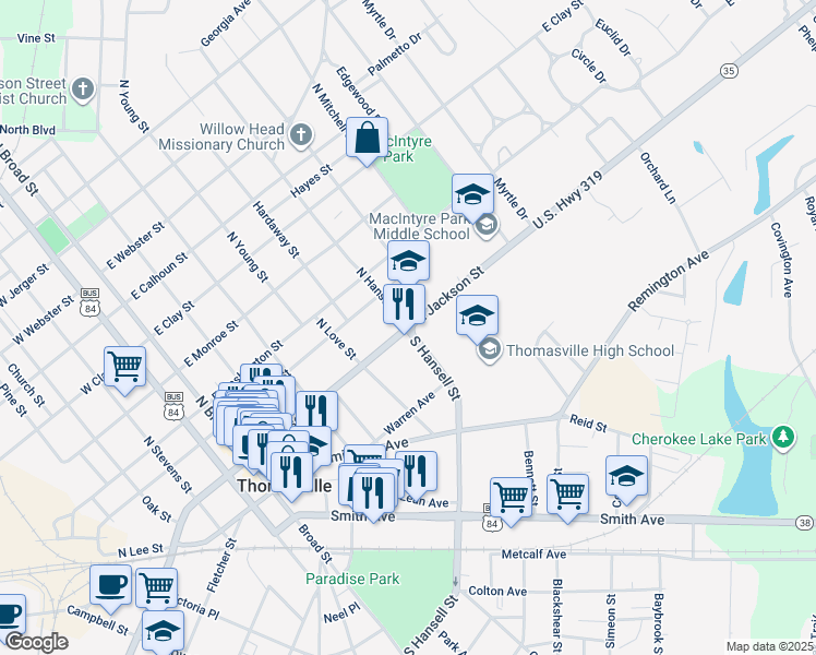 map of restaurants, bars, coffee shops, grocery stores, and more near 100 North Hansell Street in Thomasville