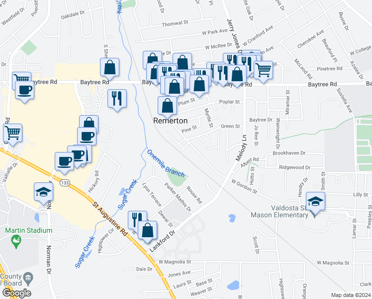 map of restaurants, bars, coffee shops, grocery stores, and more near 1823 Remer Lane in Valdosta