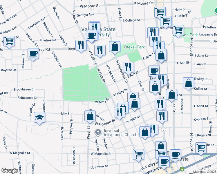 map of restaurants, bars, coffee shops, grocery stores, and more near 1113 North Oak Street in Valdosta