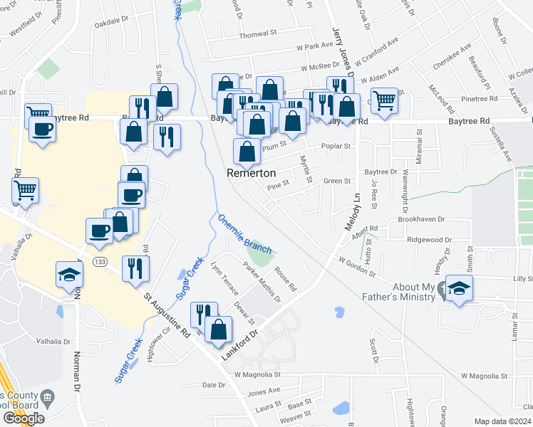 map of restaurants, bars, coffee shops, grocery stores, and more near 1759 Wayland Park Drive in Valdosta