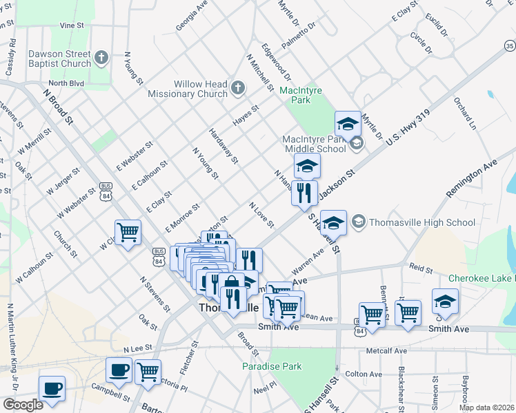 map of restaurants, bars, coffee shops, grocery stores, and more near 331 East Jefferson Street in Thomasville