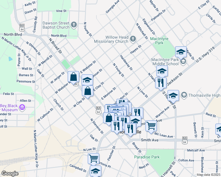 map of restaurants, bars, coffee shops, grocery stores, and more near 407 North Crawford Street in Thomasville