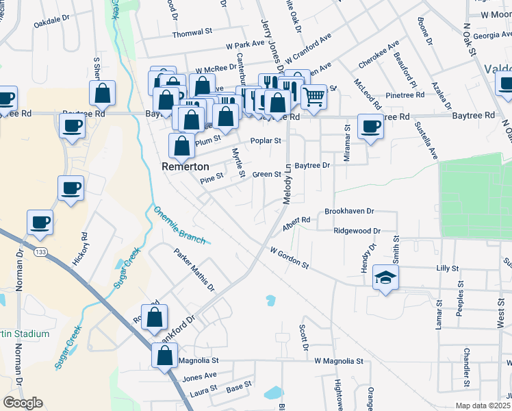 map of restaurants, bars, coffee shops, grocery stores, and more near 1516 Woodard Street in Valdosta