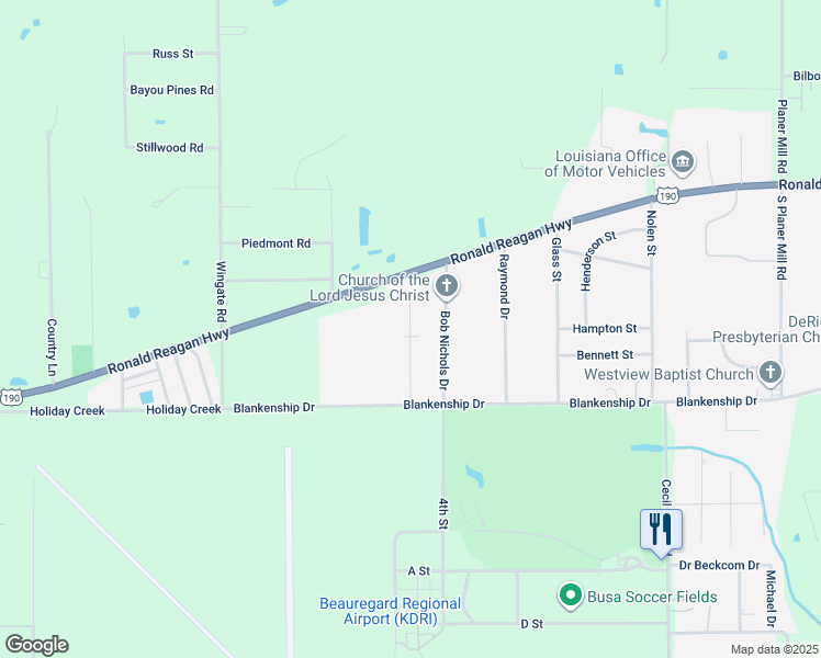 map of restaurants, bars, coffee shops, grocery stores, and more near 128 P West West Drive in DeRidder