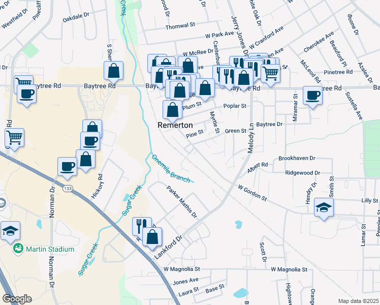 map of restaurants, bars, coffee shops, grocery stores, and more near 1821 Remer Lane in Valdosta