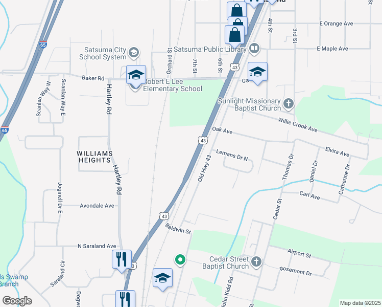 map of restaurants, bars, coffee shops, grocery stores, and more near 5288 Old Highway 43 in Satsuma