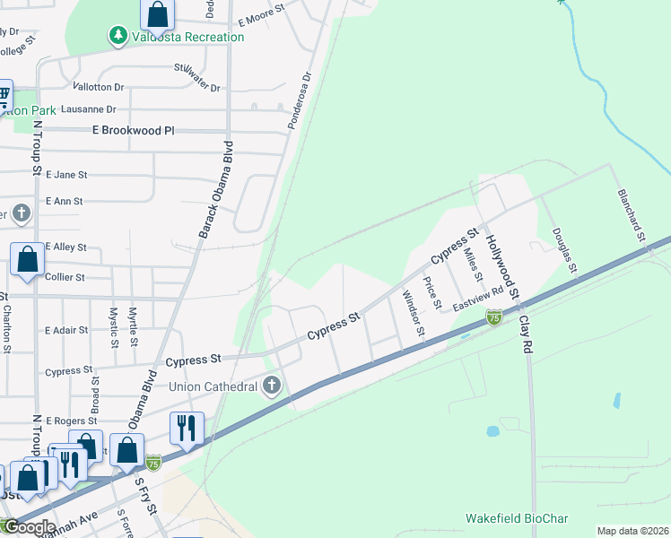 map of restaurants, bars, coffee shops, grocery stores, and more near 413 Mildred Street in Valdosta