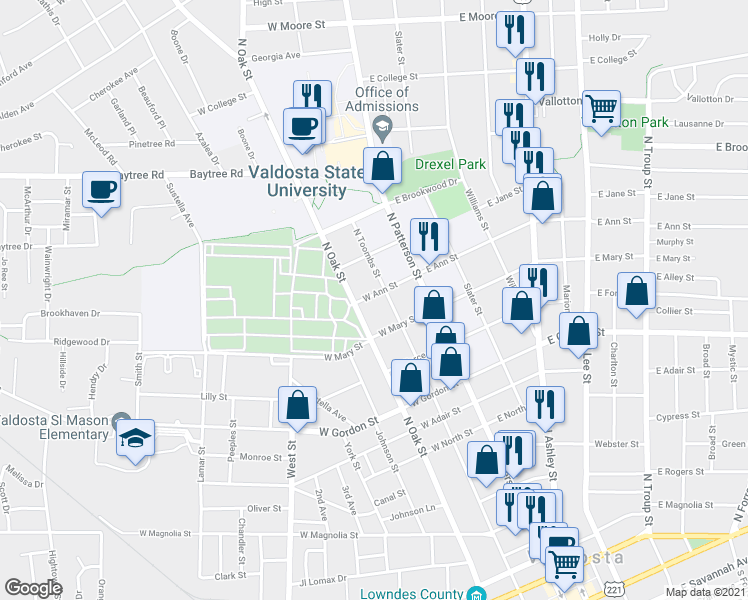map of restaurants, bars, coffee shops, grocery stores, and more near 205 West Ann Street in Valdosta