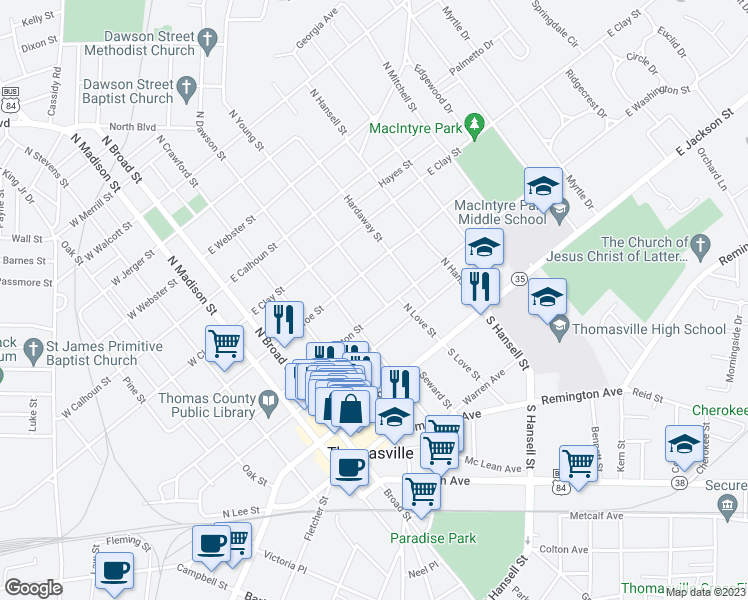 map of restaurants, bars, coffee shops, grocery stores, and more near 101 North Young Street in Thomasville