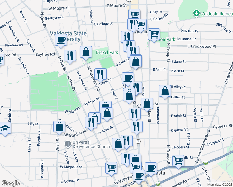 map of restaurants, bars, coffee shops, grocery stores, and more near 1015 Slater Street in Valdosta