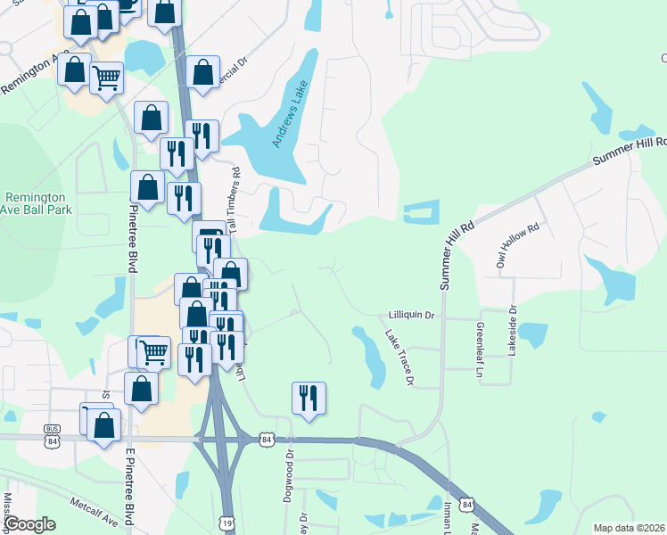 map of restaurants, bars, coffee shops, grocery stores, and more near 290 Lilliquin Drive in Thomasville