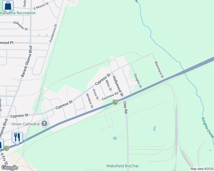 map of restaurants, bars, coffee shops, grocery stores, and more near 217 Miles Street in Valdosta