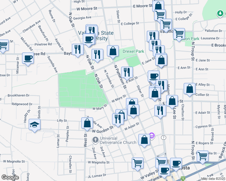 map of restaurants, bars, coffee shops, grocery stores, and more near 1112 North Toombs Street in Valdosta