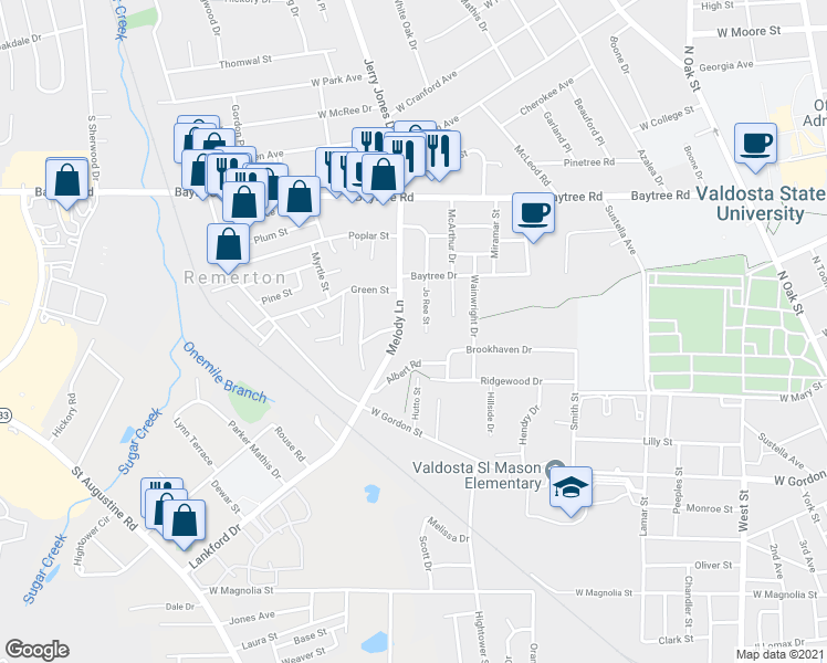 map of restaurants, bars, coffee shops, grocery stores, and more near 1203 Melody Lane in Valdosta
