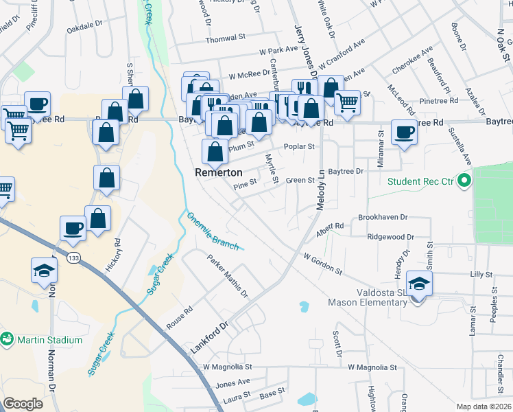 map of restaurants, bars, coffee shops, grocery stores, and more near 1752 West Gordon Street in Valdosta